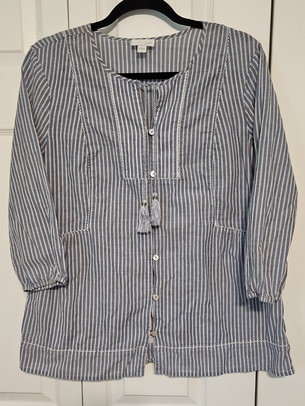 J. Jill Blue and White Striped Tunic with Tassel Ties
